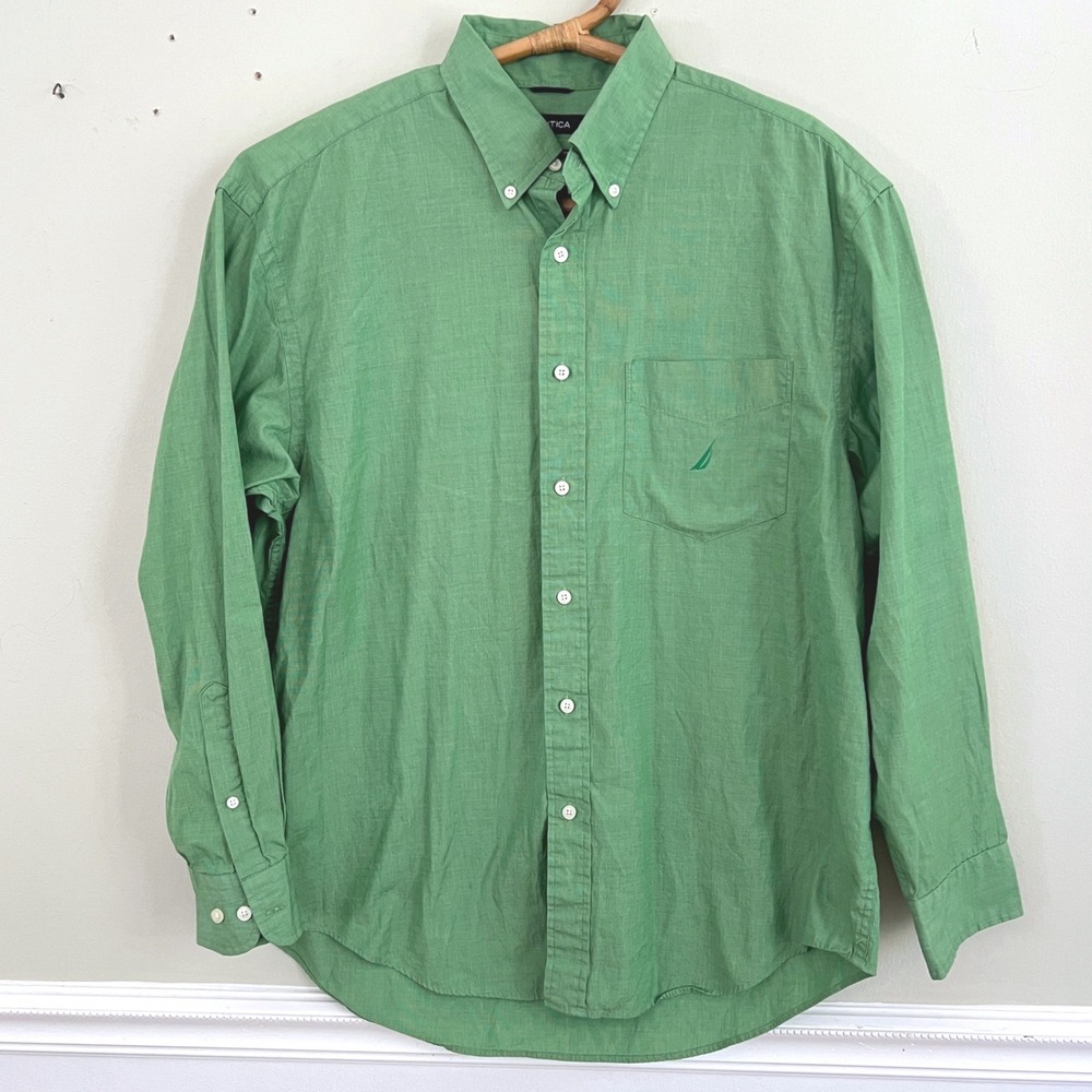 Nautica Button Down Shirt Mens L 100% Cotton Long Sleeve Green Preppy Classic